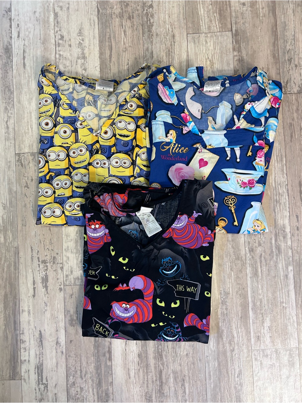 Disney 2XL Bundle of Scrub Tops: Two Alice in Wonderland and One Minions